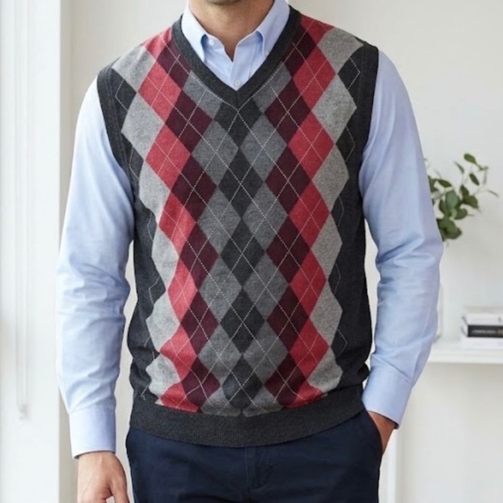 Vintage Y2K Axcess Mens Argyle V-Neck Sweater Vest Charcoal Cotton XL Preppy